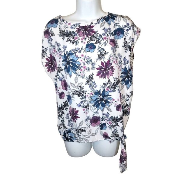 Loft Petites White Pink Blue Floral Design Small Petite SP Shirt Top - Picture 1 of 3